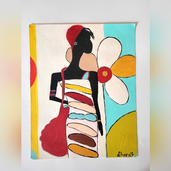 11x14 Original Painting Africanafrican woman flowerwhite gold redethnic